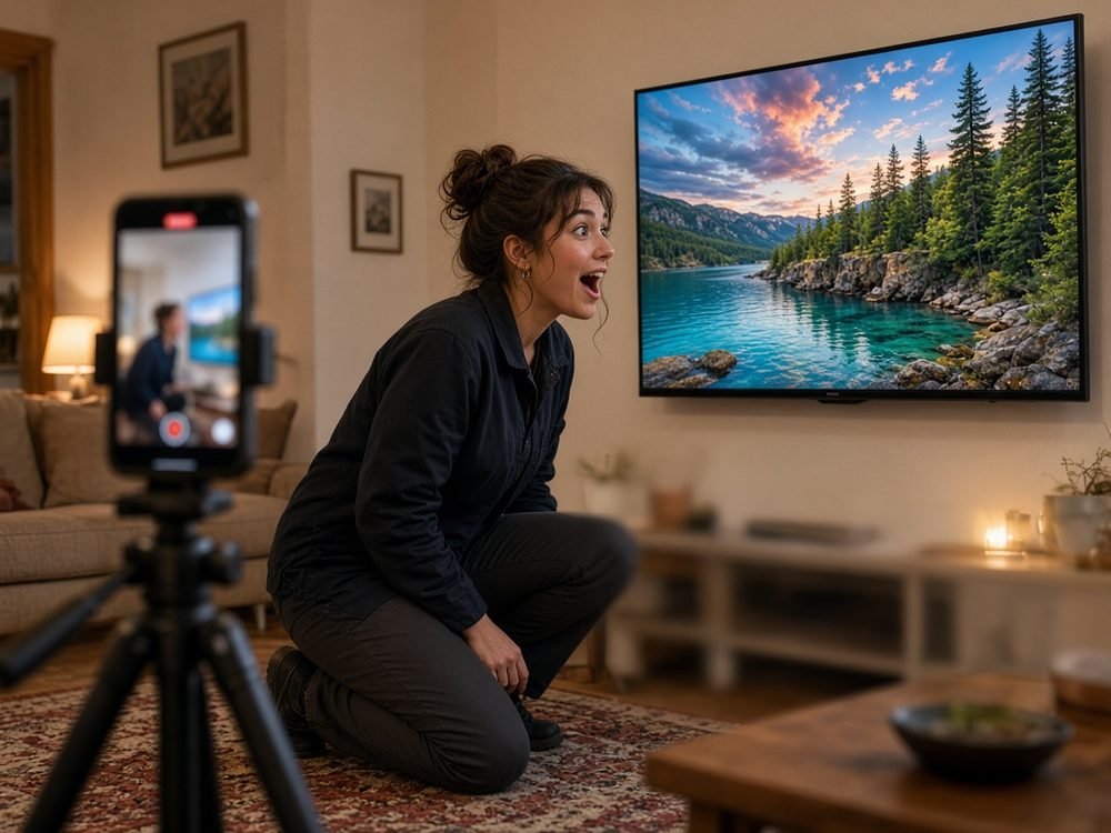 Une technicienne installe un téléviseur et réagit avec surprise devant l'image, sans se rendre compte que son téléphone continue de filmer